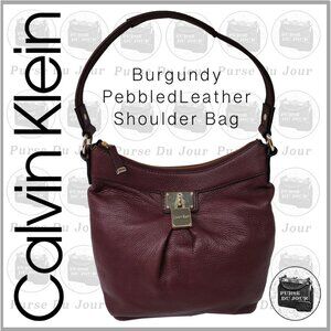 Calvin Klein Burgundy Pebbled Leather Hobo Shoulder Purse Gold Tone Lock Logo